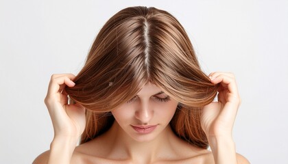 A young woman delicately parts her healthy, shiny brown hair down the middle with both hands, focusing on scalp health and hair beauty routines