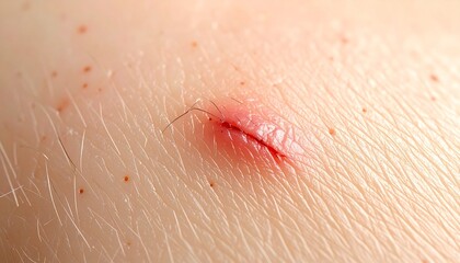 Close-up of a fresh superficial cut on human skin, revealing a small red laceration with a hint of blood, highlighting a minor injury needing immediate gentle care