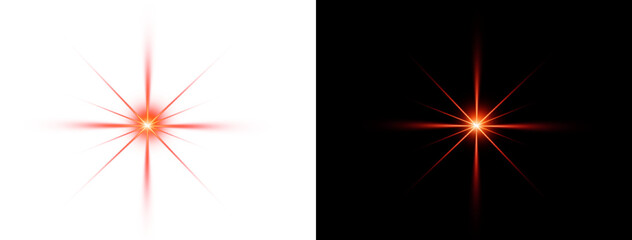 Radiant red star flare with sharp glowing rays for cinematic lighting effects and creative visual design elements on black background textures