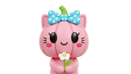 Cute Pink Cat Pumpkin Character with Flower