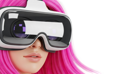 Woman with pink hair wearing virtual reality headset