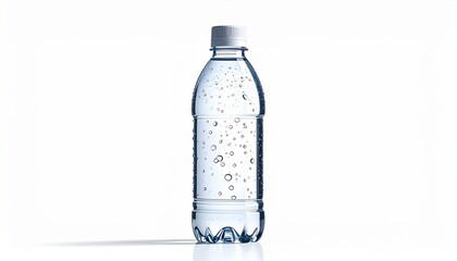 Crystal clear bottled water with tiny bubbles floating inside a transparent plastic container