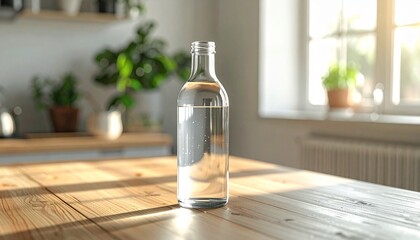 A glass bottle of refreshing, pure water gleams in bright sunlight on a wooden kitchen table, symbolizing healthy hydration and a serene home environment