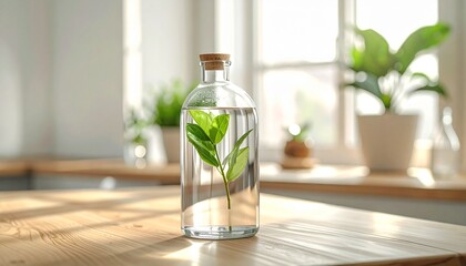 Refreshing infused water in a sleek glass bottle with a fresh green herb sprig, bathed in natural light on a rustic wooden surface, evoking a sense of wellness and purity