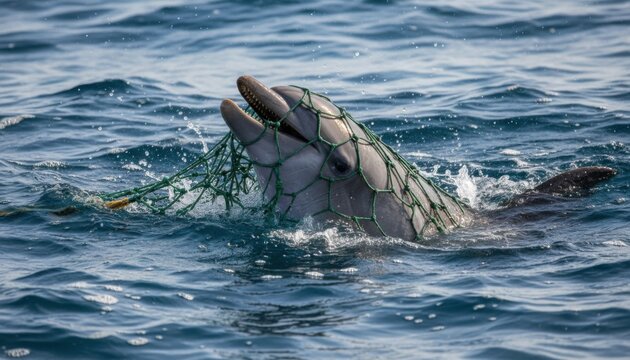 Close-up of a struggling dolphin entangled in a deadly green plastic fishing net in the blue ocean.