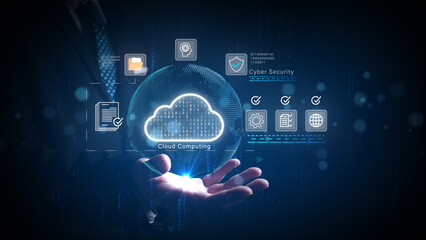 Businessman holding cloud computing symbol with cyber security icons, representing digital data storage, processing, and secure cloud network technology. Technology background, 3D Rendering