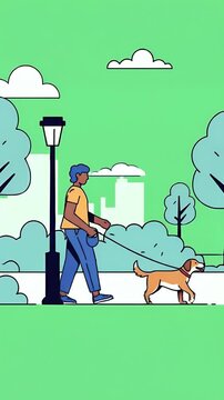 Animation Man Walking Dog In Green Park With City Background