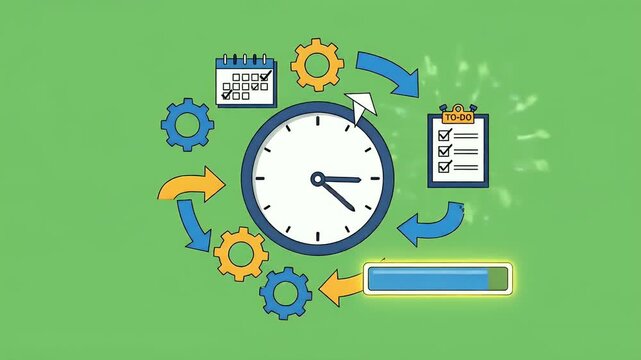 Animation of Time Management Concept with Clock Gears Calendar and Progress Bar