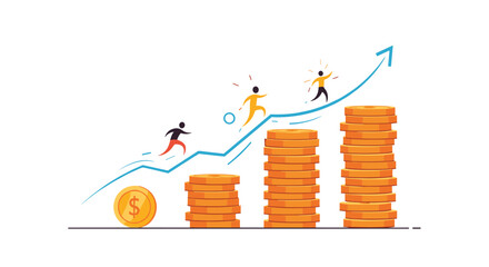 Business figures running up an upward trending line graph on stacks of gold coins representing financial growth and success.