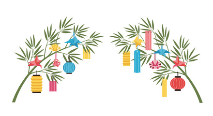 Obraz premium Two green bamboo branches decorated with colorful paper ornaments, cranes, and lanterns for the traditional Japanese Tanabata festival.