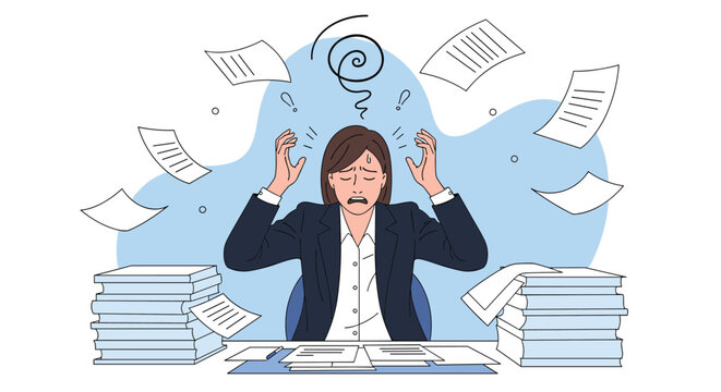 Overwhelmed business woman sitting at desk surrounded by flying papers and tall stacks of documents expressing stress and heavy workload.