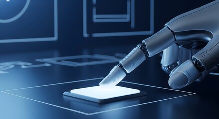 Close-up of robotic finger touching illuminated digital button on abstract interface, symbolizing artificial intelligence and technology.