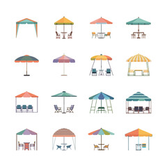Colorful outdoor sun umbrella and gazebo flat illustration collection for summer furniture graphics