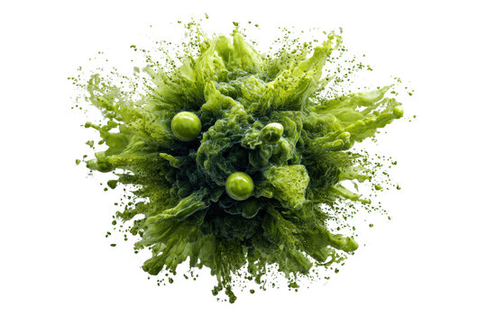 Green liquid splash with spheres on black background abstract explosion image, Png On White Background, Isolated on Transparent Background, Cut Out