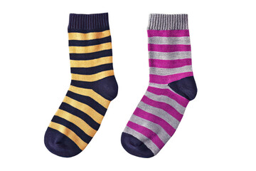 Two Striped Socks One Yellow Blue One Pink Gray Against Black Background stripes pattern, Png On White Background, Isolated on Transparent Background, Cut Out