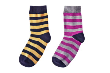 Two Striped Socks One Yellow Blue One Pink Gray Against Black Background stripes pattern, Png On White Background, Isolated on Transparent Background, Cut Out