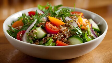 A fresh and vibrant grain salad with colorful vegetables and greens in a white bowl