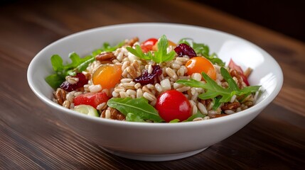 Healthy whole grain salad with nuts berries and fresh tomatoes in a bowl