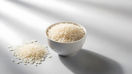 A bowl of uncooked white rice with scattered grains on a clean white surface, casting a soft shadow