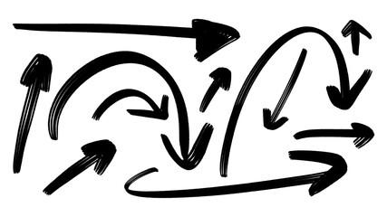 Hand-drawn brush arrow set, bold marker strokes in multiple directions, isolated PNG for notes, highlights and graphic design
