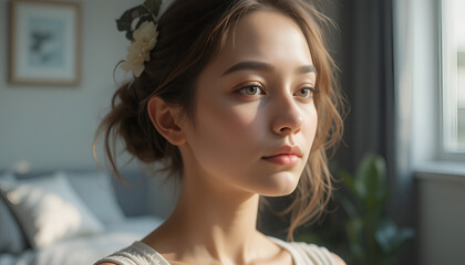 Serene young woman with floral hair clip in cozy bedroom