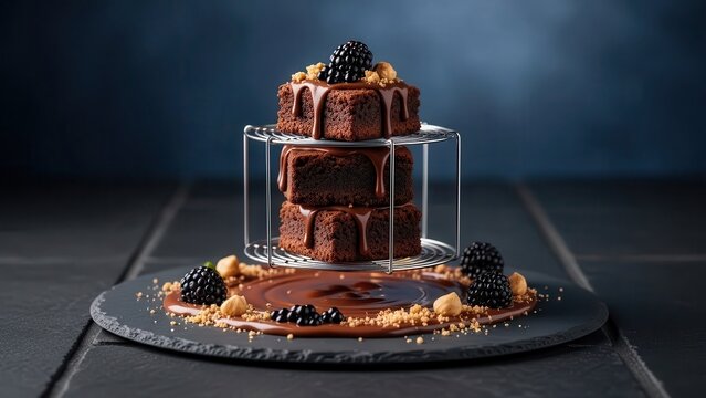 Stack of rich dark chocolate brownies drizzled with chocolate sauce and topped with blackberries, served on a slate platter with cookie crumbs, dramatic dark food photography