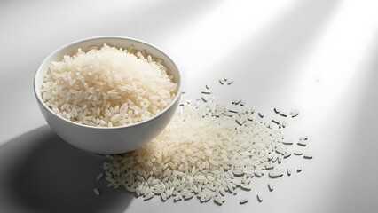Bowl of white rice and scattered grains on a light grey surface with shadows, perfect for food and culinary content