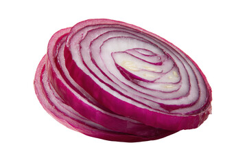 Fototapeta premium Sliced red onion rings with purple and white layers on black image, Png On White Background, Isolated on Transparent Background, Cut Out