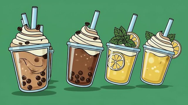 Bubble Tea Assortment Refreshing Drink Collection on Green Background