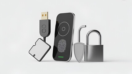 A collection of modern security devices including a fingerprint reader and USB connector