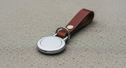 Modern smart key finder and Bluetooth GPS tracker with brown leather strap resting on rough gray surface.
