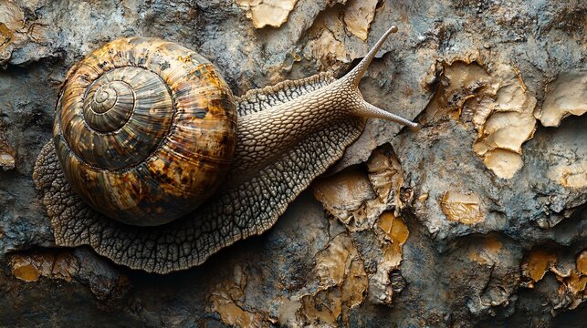 A close up showcases a giant African snail slowly crawling on a rough surface. The detailed view highlights its textured shell and the natural setting, offering a macro perspective on nature.