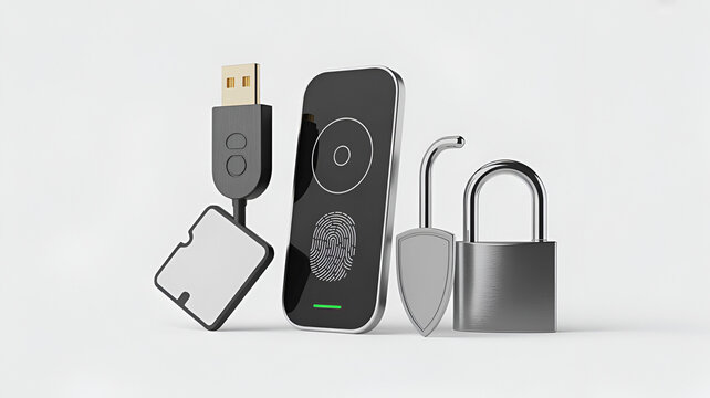 A collection of modern security devices including a fingerprint reader and USB connector - Powered by Adobe