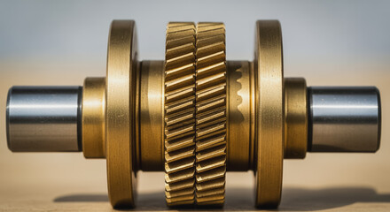 Macro shot of high precision brass helical gear assembly mounted on a steel shaft, representing mechanical engineering, power transmission, and industrial technology