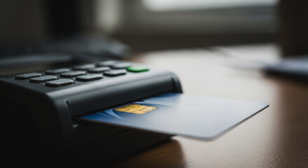 Close-up of a credit card being inserted into a POS terminal for payment transaction