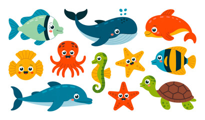 Fototapeta premium Colorful Marine Animal Cartoon Collection Vector for Kids Design