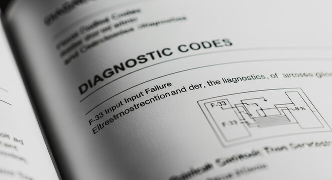 Close-up of a technical manual page showing "DIAGNOSTIC CODES" and troubleshooting details for an "F-33 Input Input Failure" with a circuit diagram.