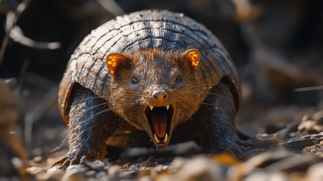 A close-up showcases a screaming hairy armadillo in its natural habitat. The armadillo's distinctive features and expressive face are captured in detail as it vocalizes in the wild