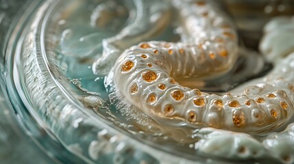 A close-up showcasing the unique form of a tapeworm in a petri dish, submerged in liquid. Its segmented body and distinctive features are clearly visible, highlighting its biological nature.