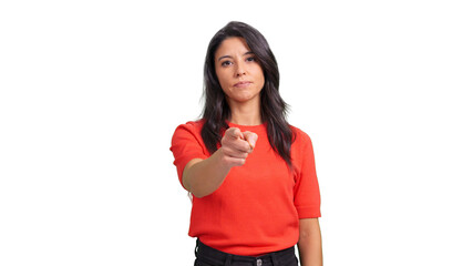 Woman pointing finger at camera asking for responsibility