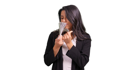 Woman smelling a fan of money a transparent background