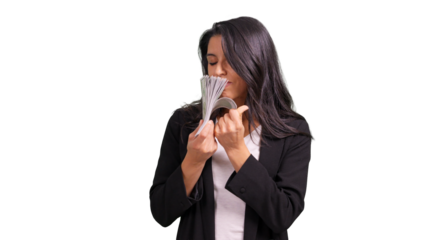 Woman smelling a fan of money a transparent background