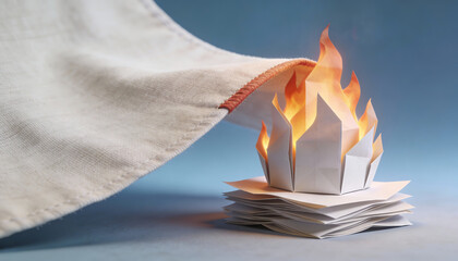 cloth smothering paper fire in clean studio composition symbolizing crisis management risk prevention and burnout control with copy space