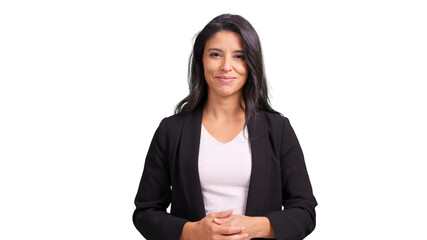 Businesswoman standing smiling with hands clasped