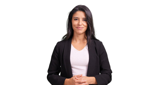 Businesswoman standing smiling with hands clasped