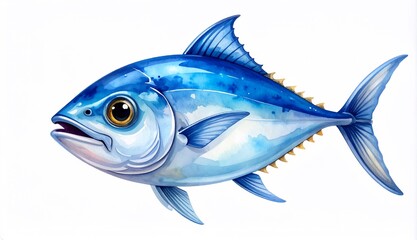 Fototapeta premium Vibrant Bluefin Tuna Fish Illustration with Detailed Watercolor Texture Isolated on White Background, Fresh Seafood Concept