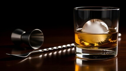 A sophisticated cocktail presentation: a glass of whiskey with an ice sphere and bar tools