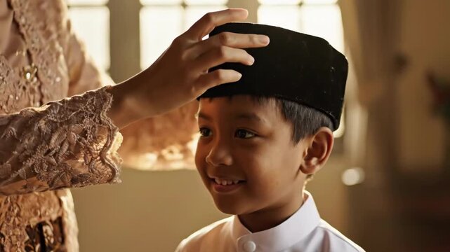Heartwarming Cinematic 4K Slow Motion of a Mother Adjusting Traditional Black Cap (Peci/Songkok) on Her Smiling Son Before Eid Prayer