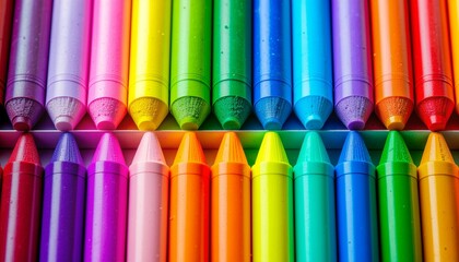 An array of crayons in various bright colors arranged in rows with a visible division between the top and bottom sections