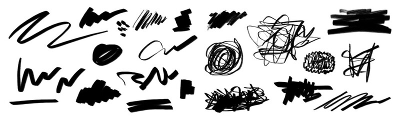 Hand-drawn scribble brush set, bold marker strokes and sketch elements, isolated PNG for notes, highlights and graphic design